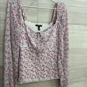 Aqua White and Pink Smocked Ruched Blouse